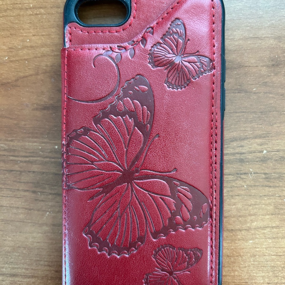 Red Floral Embossed Leather Phone Case with Card Slots